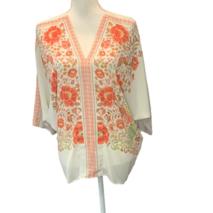 Rose & Olive Coral Cream V-Neck Floral Design Top
